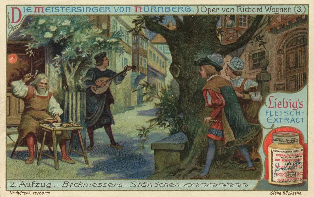 Historical illustration of Beckmesser's serenade in Die Meistersinger